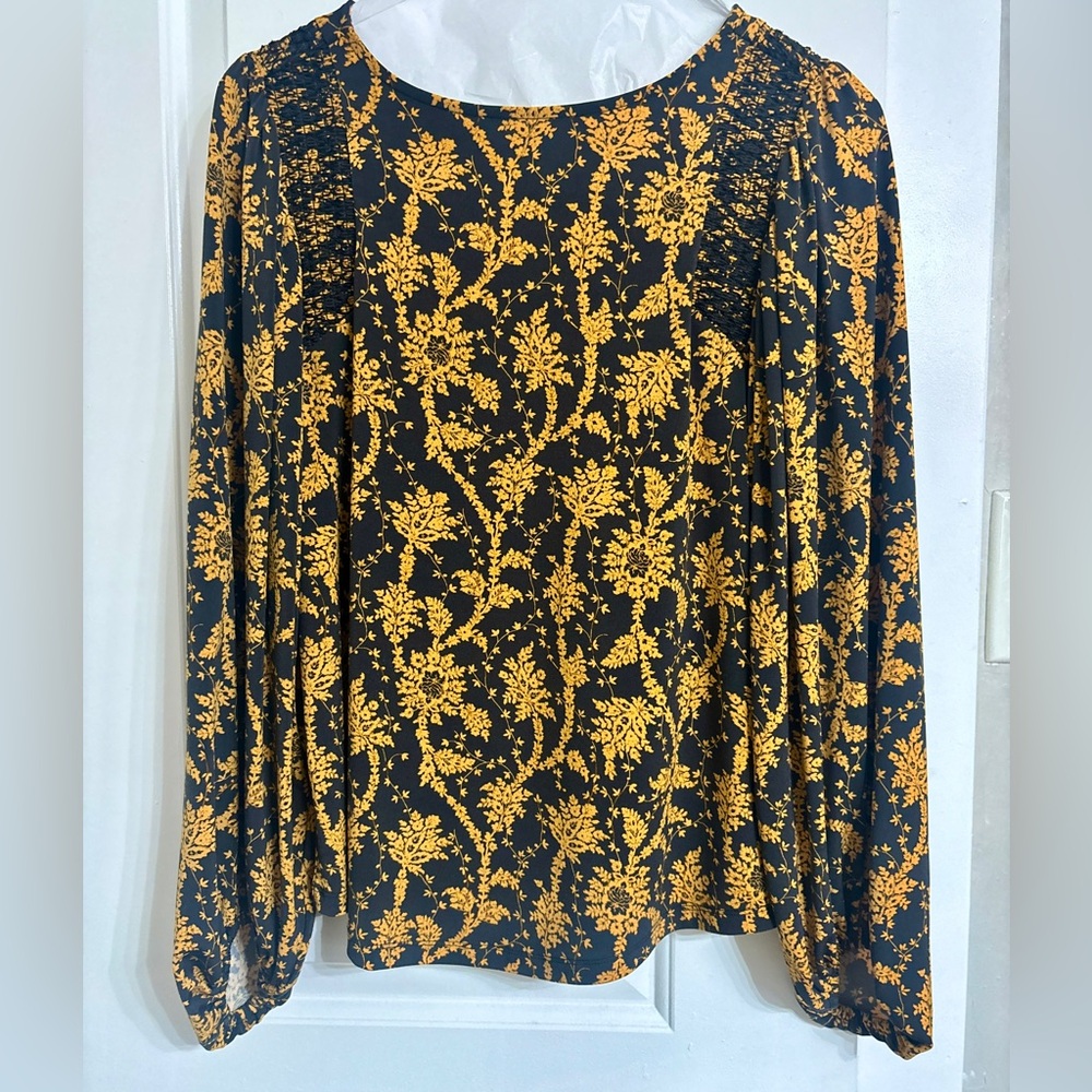 Ann Taylor Petite Floral Black and Yellow Women's Gathered Sleeve Top, Size XXSP